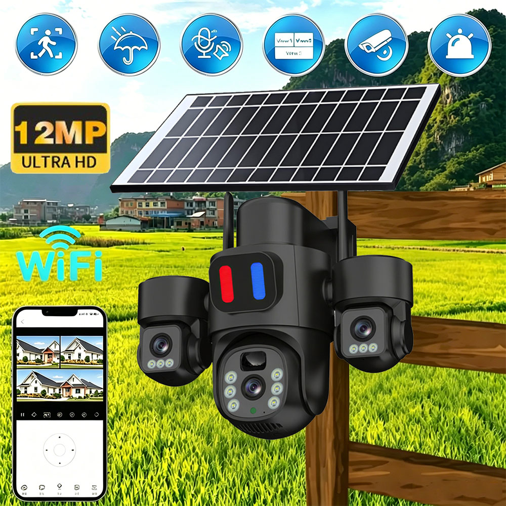 Home Security Cameras Wireless - Solar WiFi PTZ Camera Outdoor Triple